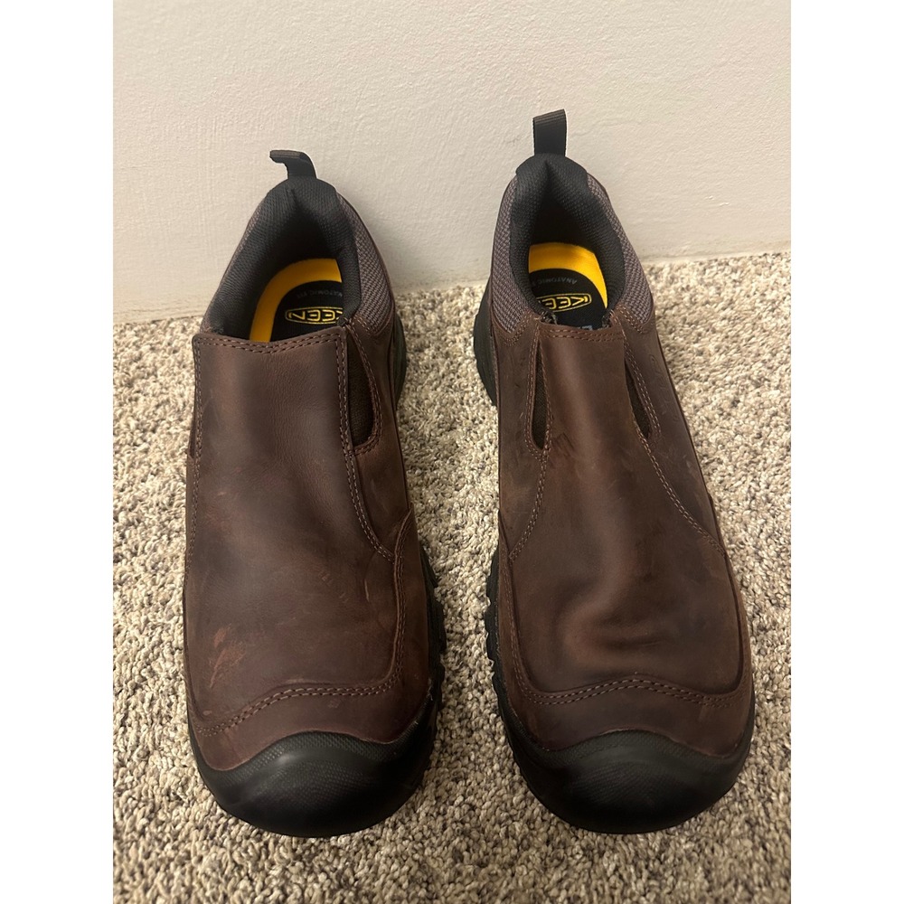 KEEN Men's Austin Leather Slip-On Shoes in a dark brown leather finish.